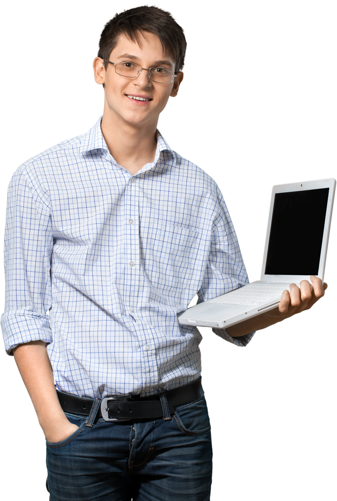 Young Man in Glasses Holding a Laptop